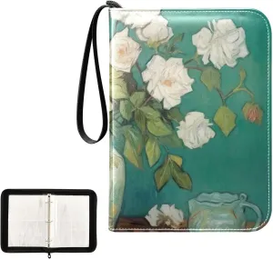 White Rose Painting Card Binder 4-Pocket, 400 Pockets Trading Cards Holder Games Card Albums Storage Organizer Case for Football, Baseball Cards