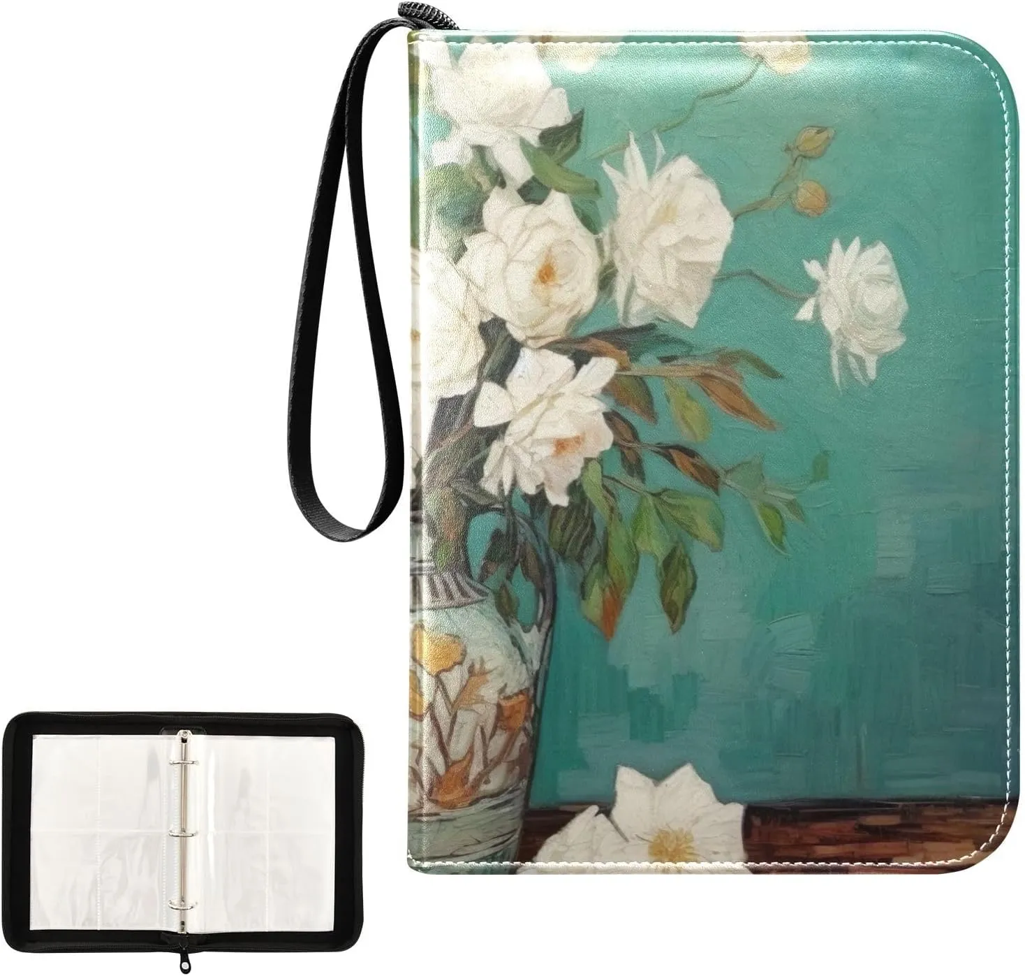 White Rose Painting Card Binder 4-Pocket, 400 Pockets Trading Cards Holder Games Card Albums Storage Organizer Case for Football, Baseball Cards