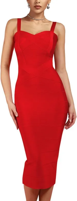 Whoinshop Women's Rayon Strap Celebrity Midi Evening Party Bandage Dress