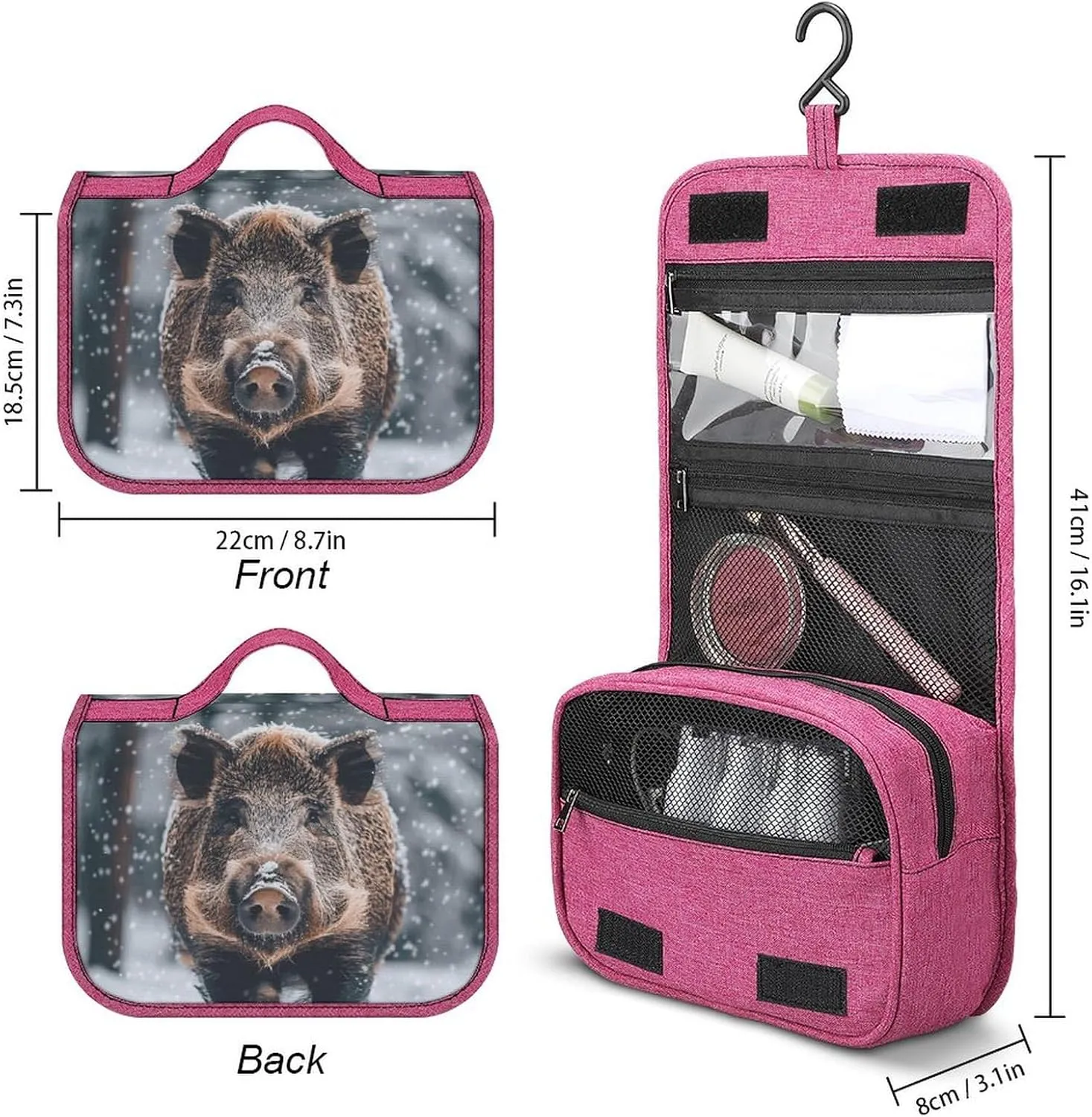 Wild Boar Travel Toiletry Bag for Women,Hanging Toiletry Organizer with Hook, Makeup Bag Travel Organizer for Shampoo,Toiletriesl