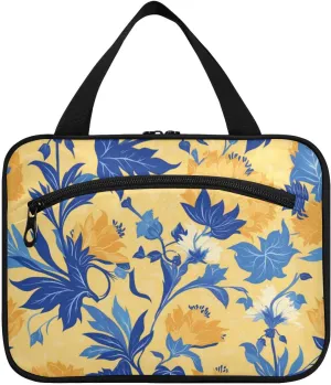 Wild Floral Yellow Blue hanging travel bag with hook, designer compact skincare bag for traveling women camping cartera para maquillaje L