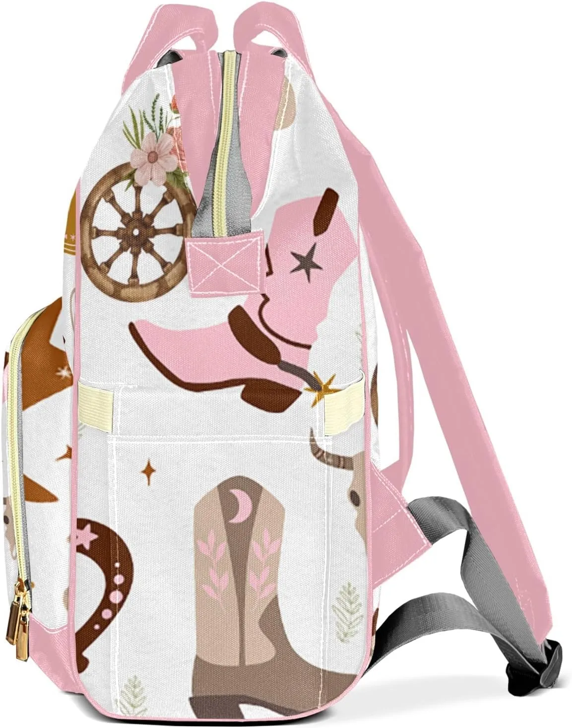 Wild West Pink Cowgirl Floral Personalized Large Capacity Diaper Bags,Custom Name Backpack Casual Daypack Bag Nappy Bag Gifts, Design 30, SFA055SS