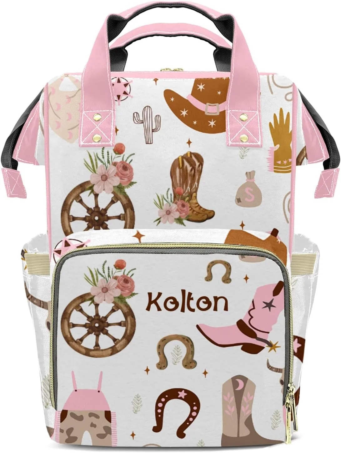 Wild West Pink Cowgirl Floral Personalized Large Capacity Diaper Bags,Custom Name Backpack Casual Daypack Bag Nappy Bag Gifts, Design 30, SFA055SS