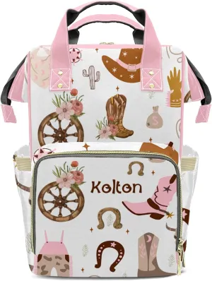 Wild West Pink Cowgirl Floral Personalized Large Capacity Diaper Bags,Custom Name Backpack Casual Daypack Bag Nappy Bag Gifts, Design 30, SFA055SS