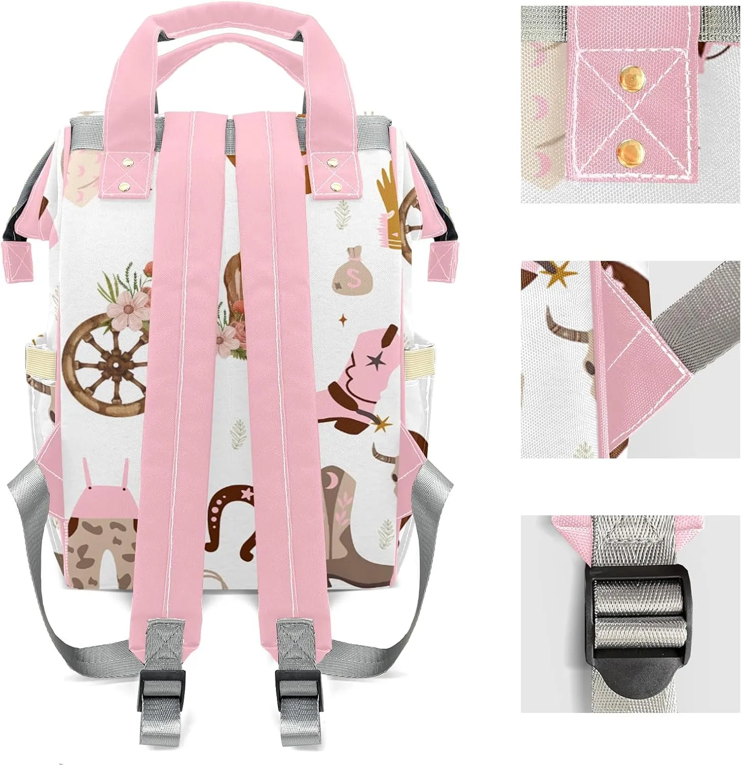 Wild West Pink Cowgirl Floral Personalized Large Capacity Diaper Bags,Custom Name Backpack Casual Daypack Bag Nappy Bag Gifts, Design 30, SFA055SS