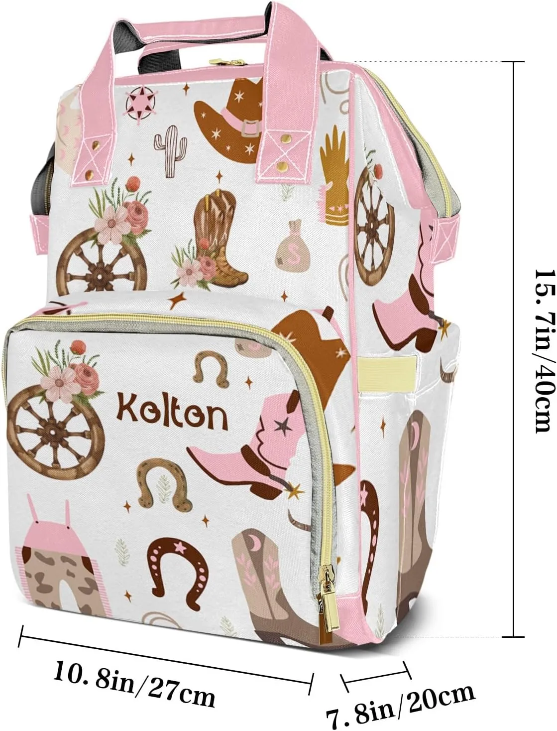 Wild West Pink Cowgirl Floral Personalized Large Capacity Diaper Bags,Custom Name Backpack Casual Daypack Bag Nappy Bag Gifts, Design 30, SFA055SS