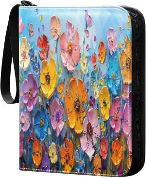 Wildflowers Painting Card Binder 4-Pocket, 400 Pockets Card Holder with 50 Removable Sleeves and Zipper for Games Baseball Football Sports Card