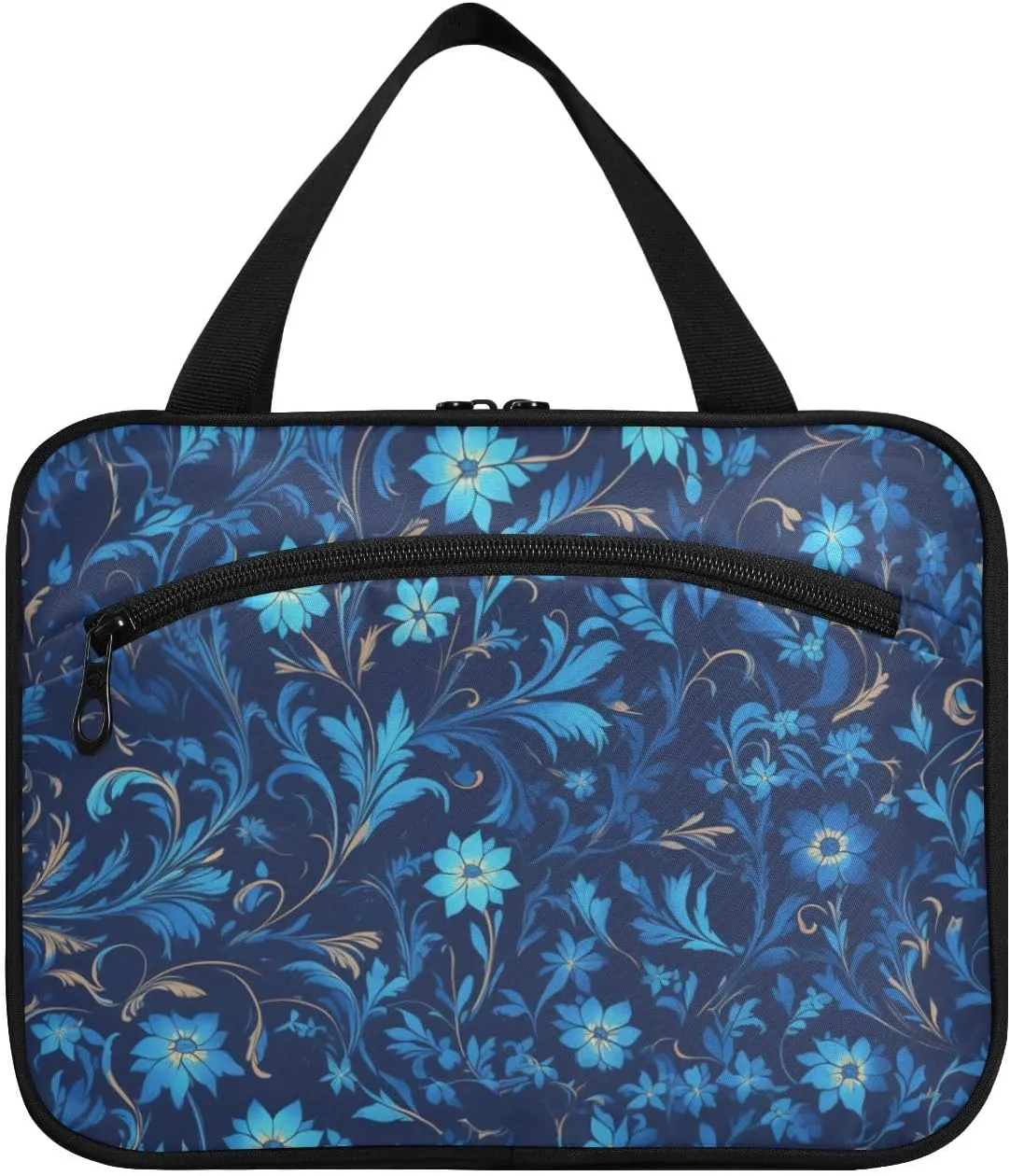 William Morris Style Blue Floral Pattern hanging bags for travel with hook, designer unisex waterproof toiletry bag for women traveling backpacking estuches para maquillaje L