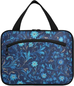 William Morris Style Blue Floral Pattern hanging bags for travel with hook, designer unisex waterproof toiletry bag for women traveling backpacking estuches para maquillaje L