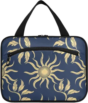 William Morris Style Design Sun Dark Blue hanging travel toiletry bag for women with hook, designer essential for ladies maletín para maquillaje L