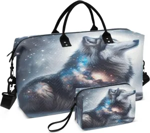 Wolf Travel Duffle Bag Gym Bag, Mysterious Galaxy Wolf Weekender Bags for Women with Toiletry Bag Travel Tote Bag Swim Bag