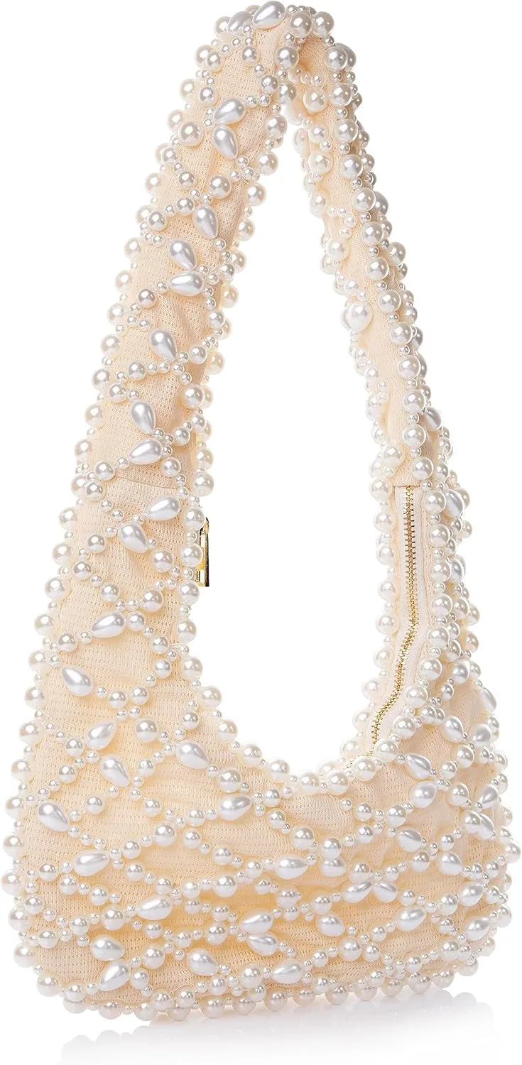 Women Artisanal Acrylic Pearl Clutch Exquisite Beads and Fabric Woven Shoulder Bag Evening Satchal for Wedding Party