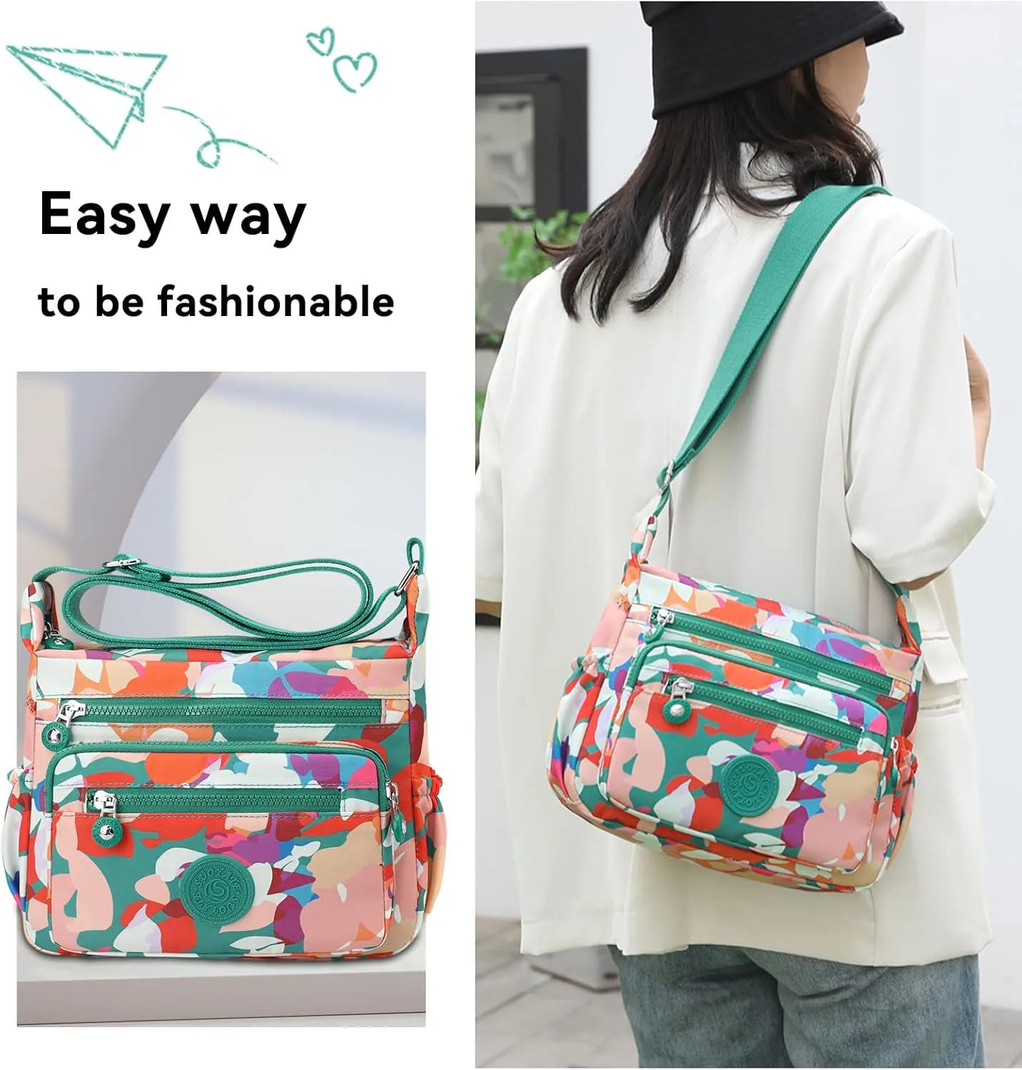 Women Crossbody Bag Multi-Pocket Nylon Waterproof Lightweight Casual Shoulder Handbag Purse Bookbag