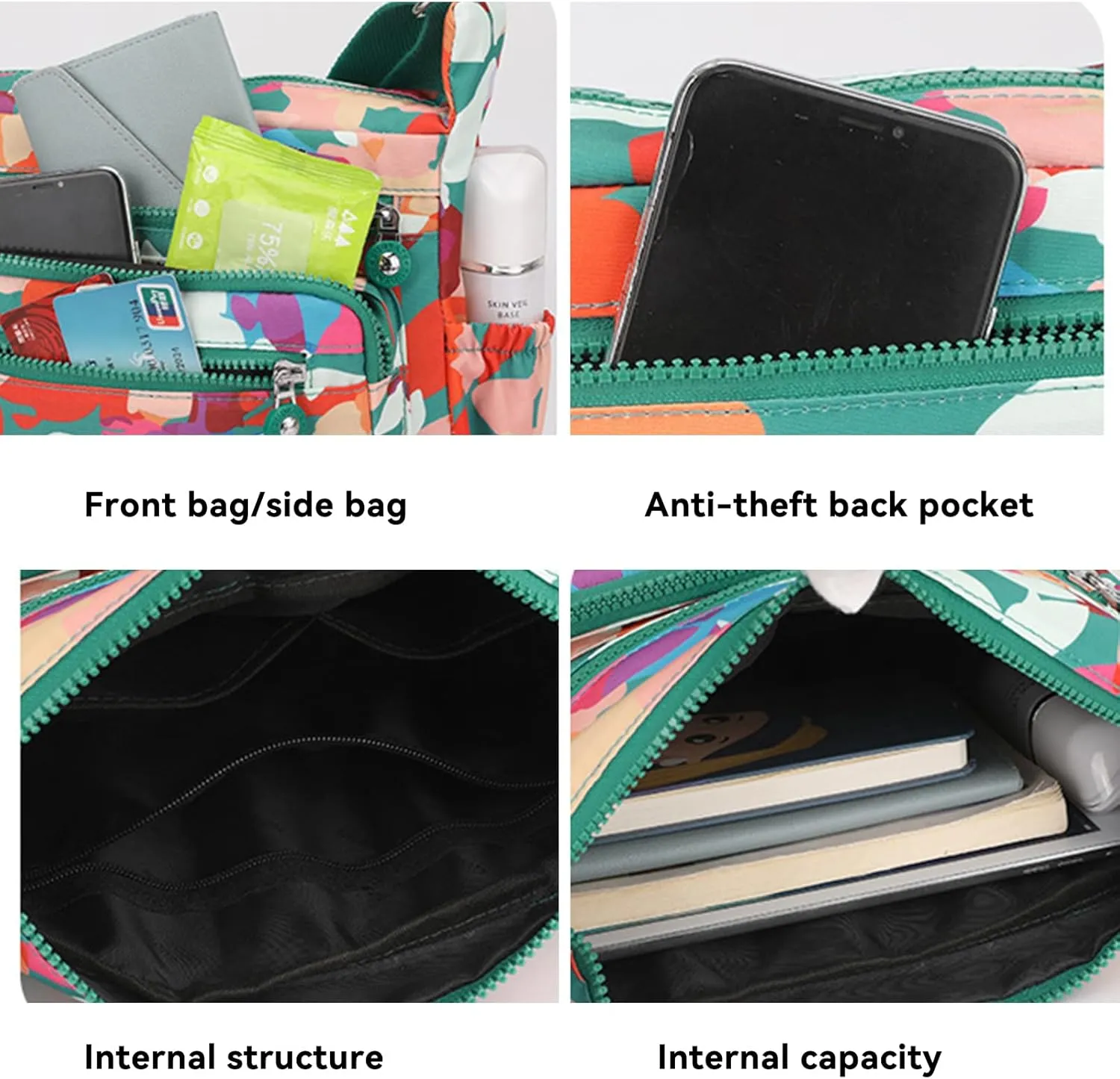 Women Crossbody Bag Multi-Pocket Nylon Waterproof Lightweight Casual Shoulder Handbag Purse Bookbag