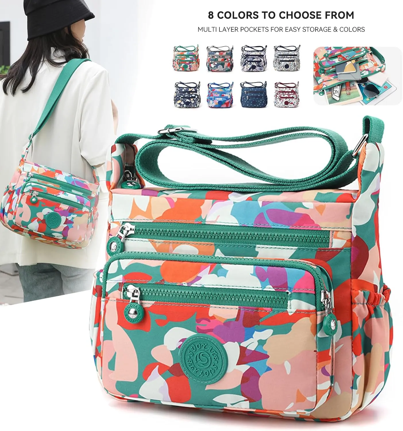 Women Crossbody Bag Multi-Pocket Nylon Waterproof Lightweight Casual Shoulder Handbag Purse Bookbag