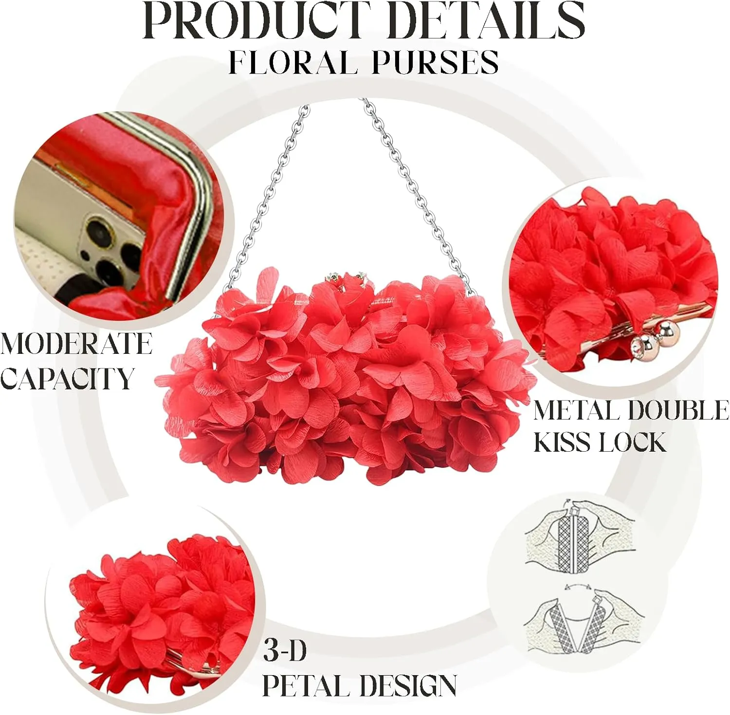Women Elegant Evening Purse, Small Floral Clutch Bag with Detachable Chain for Wedding, Party, Prom