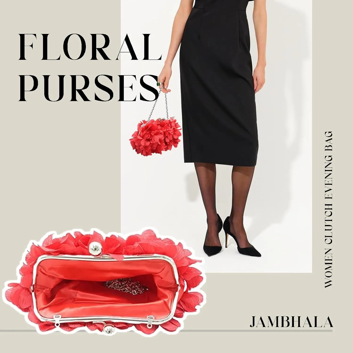 Women Elegant Evening Purse, Small Floral Clutch Bag with Detachable Chain for Wedding, Party, Prom