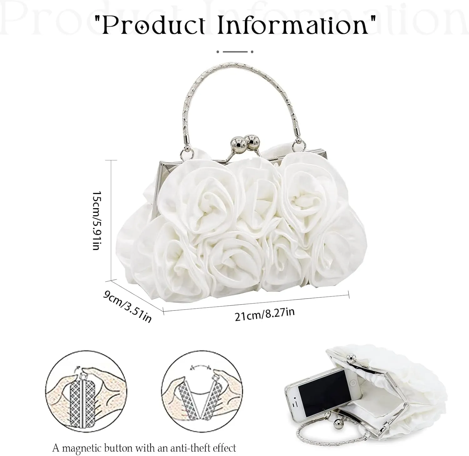 Women Evening Clutch Bag Floral Satin Small Purses with Detachable Strap for Wedding, Party, Prom