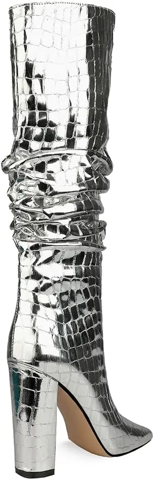 Women Patent Slouchy Block Heel Boots Shiny Sequins Knee High Chunky Heel Boot Mid Calf Dress Shoes