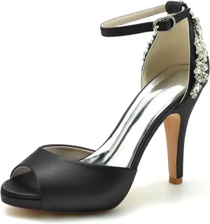 Women Sexy Peep Toe Rhinestone Stiletto High Heel Evening Pumps Ankle Strap Crystal Shoes