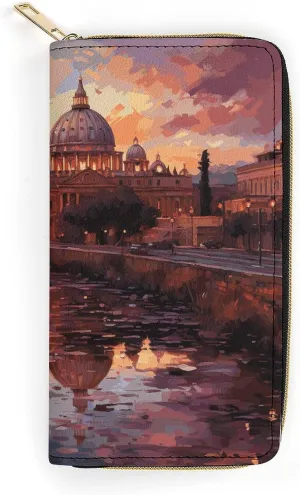 Women Wallet Rome Sunset Leather Wallet for Work Zip Wallet Phone Holder Long Purse Ultra Thin Wallet with Zipper Pocket for Shopping