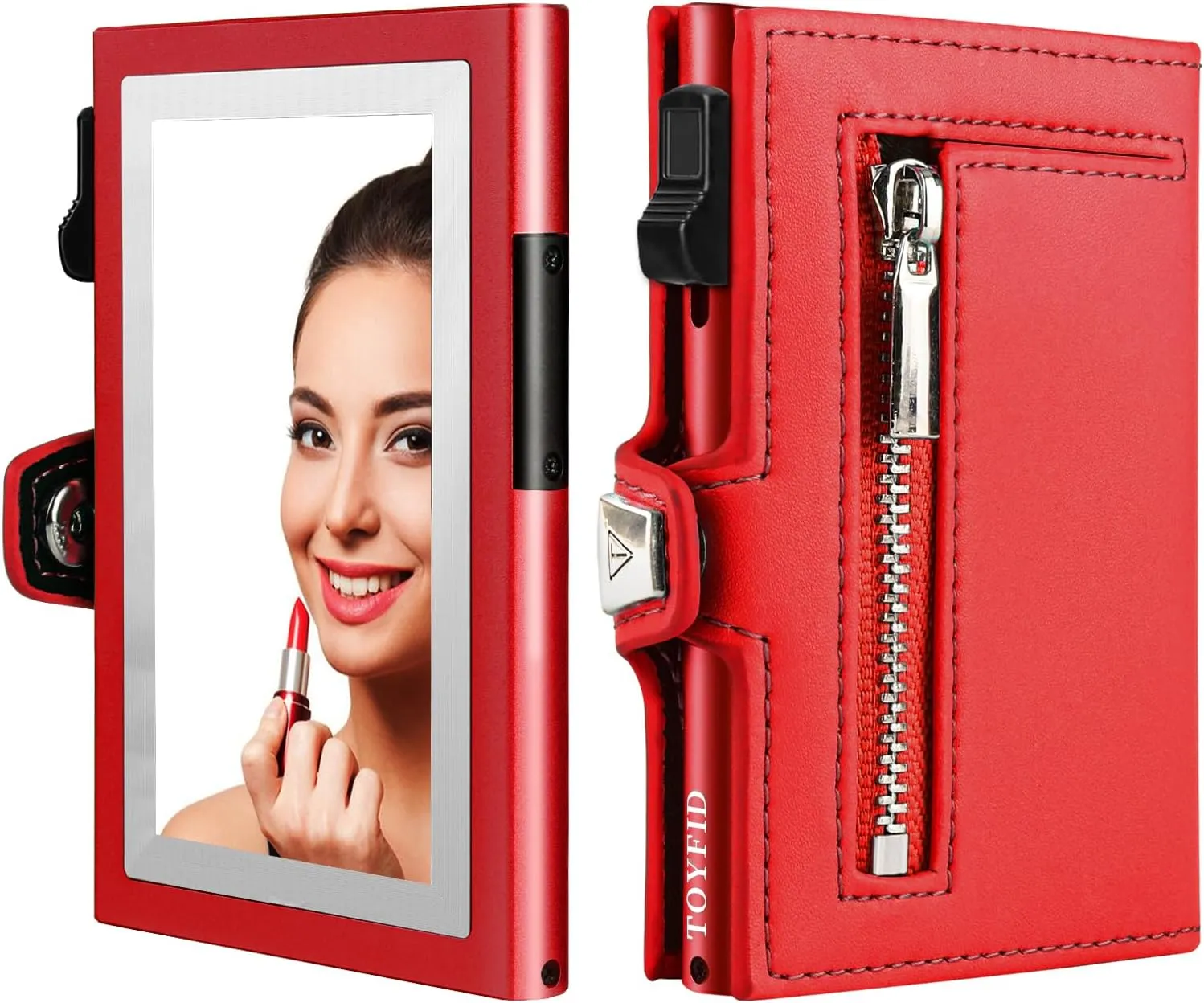 Women Wallet with Card Holder, Small Pretty Wallet with Mirror for Women,Pop Up Card Holder Wallet, Tri-fold Genuine Leather Wallet Women with Mirror, Compact Wallet for Traveling,(Red)