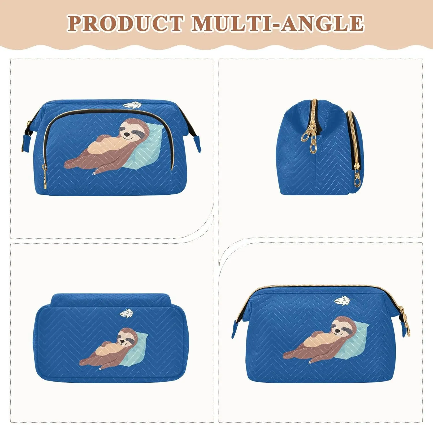 Women Wave Quilt Cosmetic Bag, Zipper Toiletry Storage 10.2x5.9x6.7 in, Pouch Handbag Makeup Case Purse Holder Organizer Print Sloth Lie Down On Blue