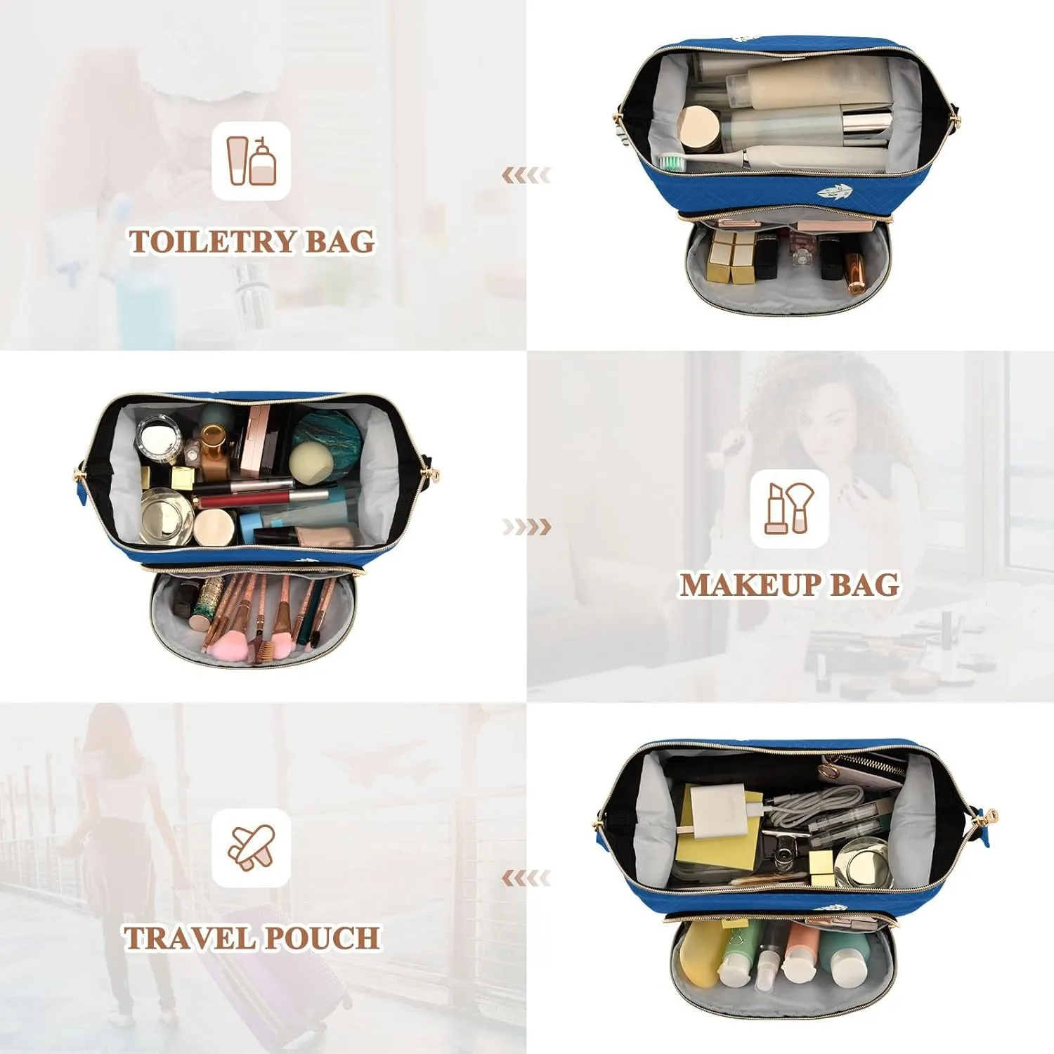 Women Wave Quilt Cosmetic Bag, Zipper Toiletry Storage 10.2x5.9x6.7 in, Pouch Handbag Makeup Case Purse Holder Organizer Print Sloth Lie Down On Blue