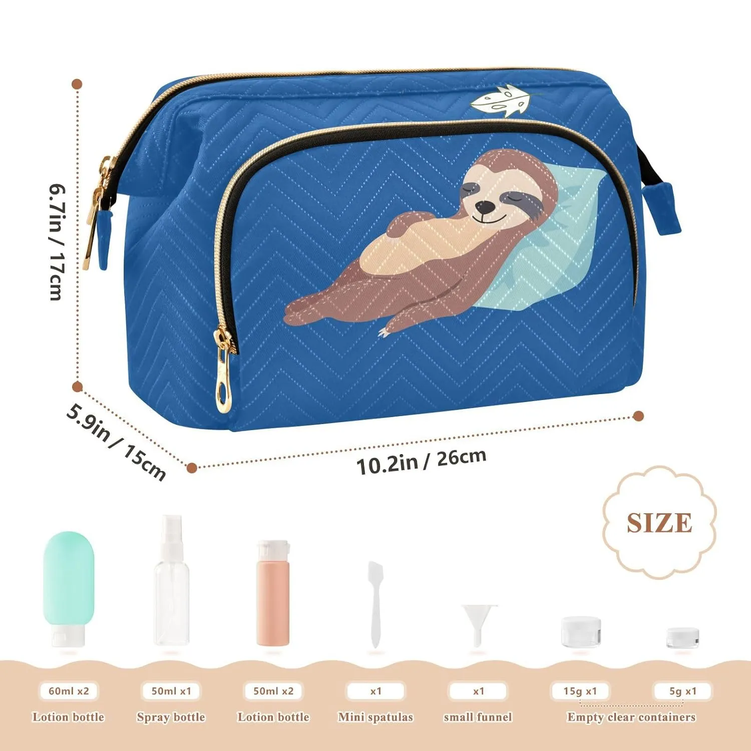 Women Wave Quilt Cosmetic Bag, Zipper Toiletry Storage 10.2x5.9x6.7 in, Pouch Handbag Makeup Case Purse Holder Organizer Print Sloth Lie Down On Blue