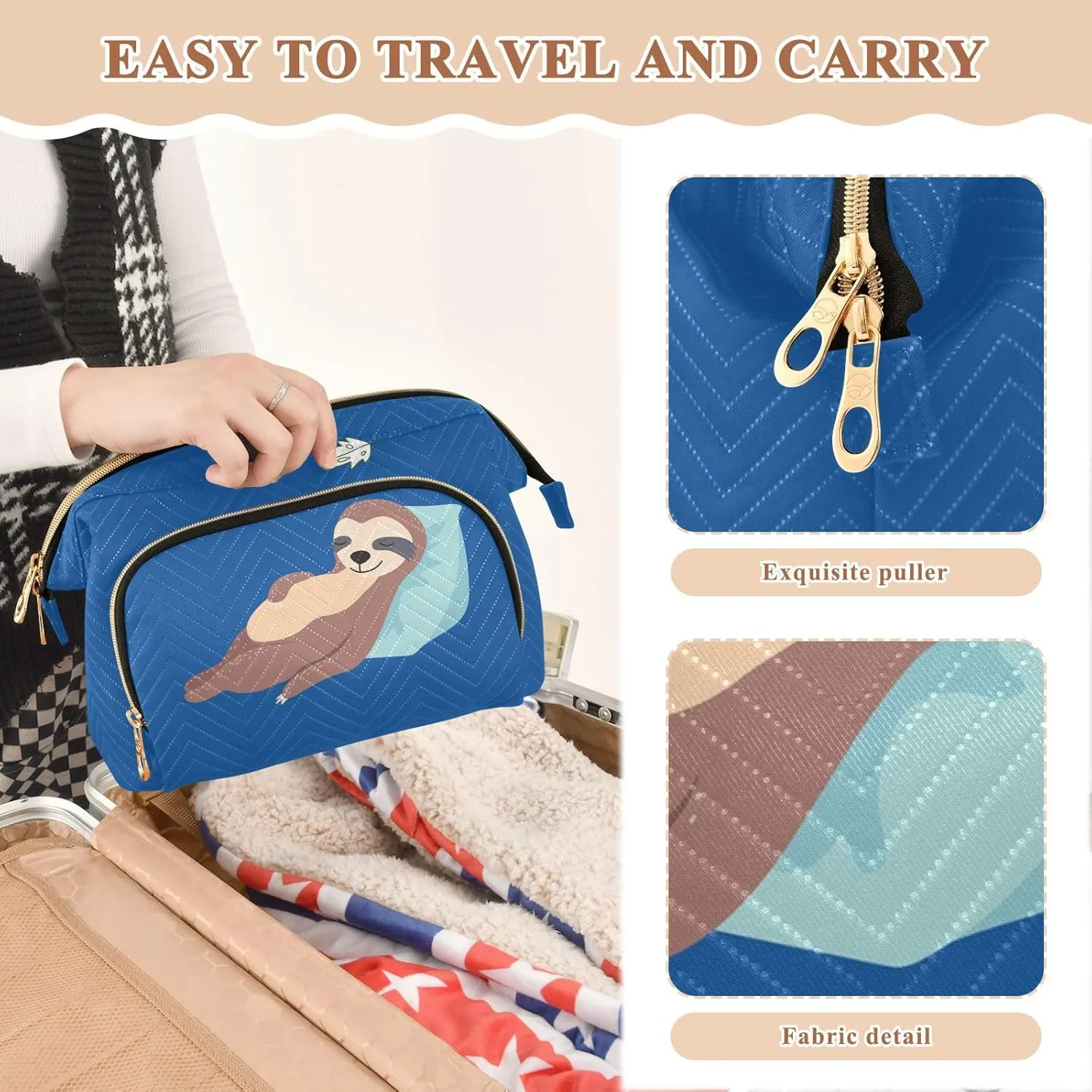 Women Wave Quilt Cosmetic Bag, Zipper Toiletry Storage 10.2x5.9x6.7 in, Pouch Handbag Makeup Case Purse Holder Organizer Print Sloth Lie Down On Blue