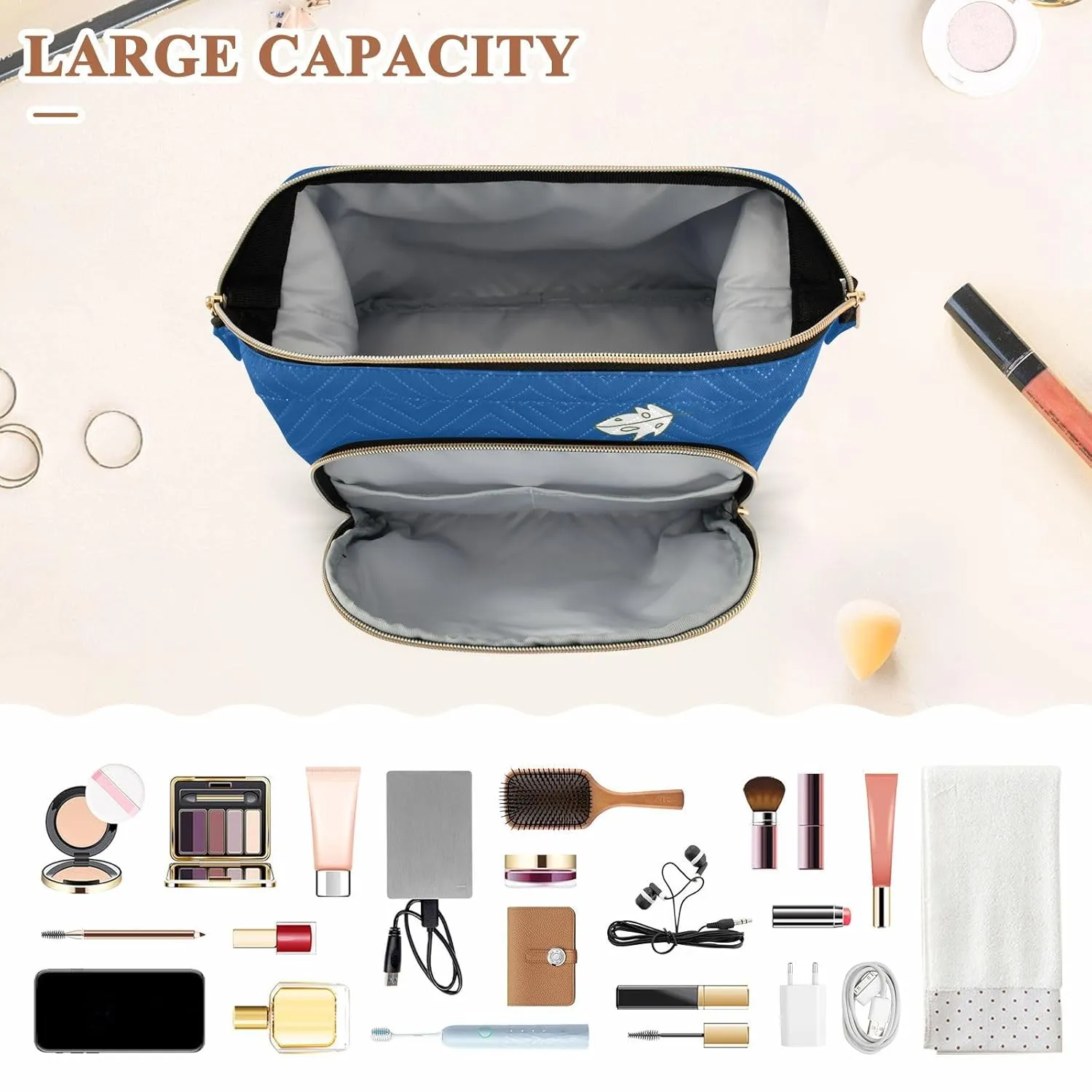 Women Wave Quilt Cosmetic Bag, Zipper Toiletry Storage 10.2x5.9x6.7 in, Pouch Handbag Makeup Case Purse Holder Organizer Print Sloth Lie Down On Blue