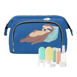 Women Wave Quilt Cosmetic Bag, Zipper Toiletry Storage 10.2x5.9x6.7 in, Pouch Handbag Makeup Case Purse Holder Organizer Print Sloth Lie Down On Blue