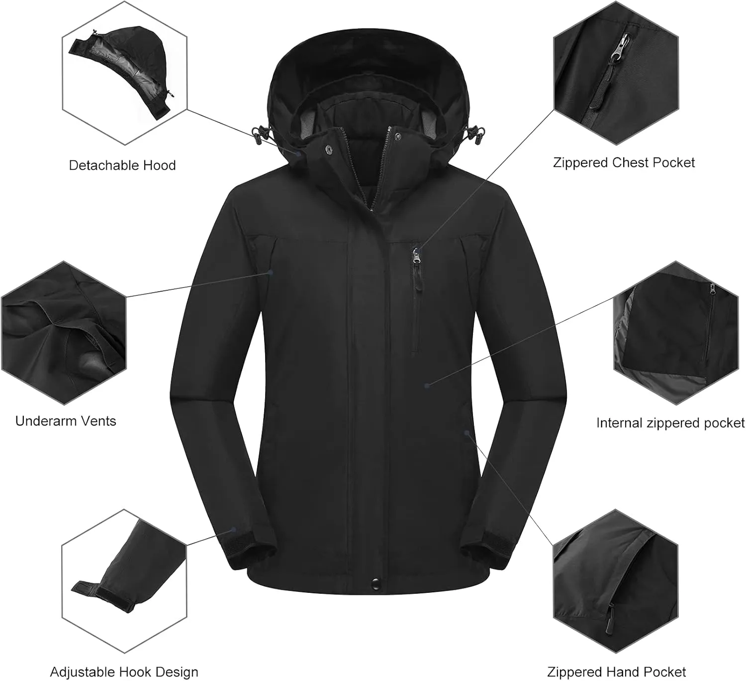 Women's 3 in 1 Ski Jacket Mountain Waterproof Windproof Winter Snow Coat Hike Snowboarding Jackets Hooded Warm Raincoat