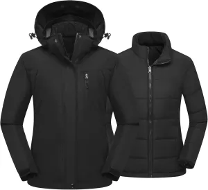 Women's 3 in 1 Ski Jacket Mountain Waterproof Windproof Winter Snow Coat Hike Snowboarding Jackets Hooded Warm Raincoat