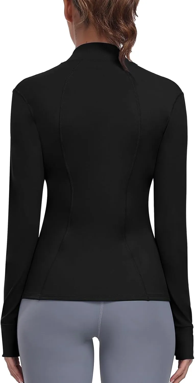 Women's Athletic Full Zip Lightweight Workout Jacket With Pockets Running Yoga Sportwear With Thumb Holes