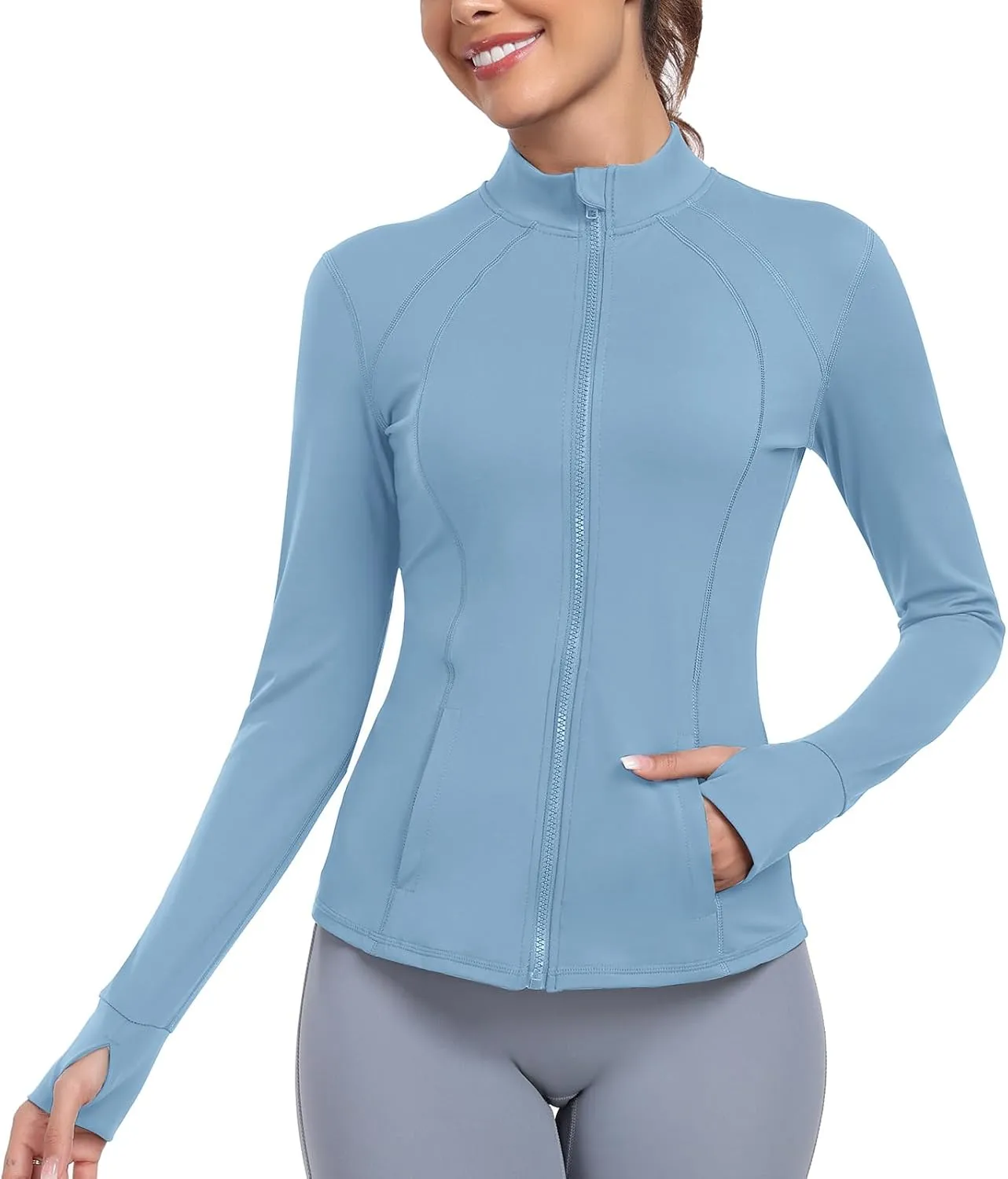 Women's Athletic Full Zip Lightweight Workout Jacket With Pockets Running Yoga Sportwear With Thumb Holes
