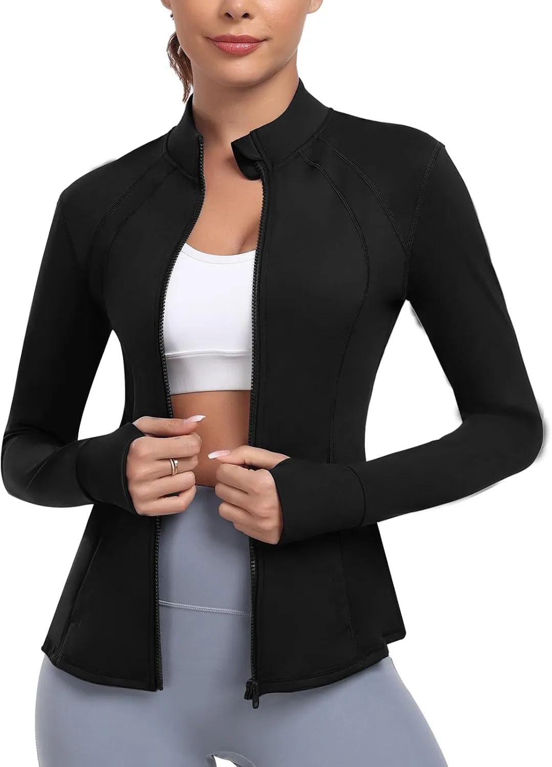 Women's Athletic Full Zip Lightweight Workout Jacket With Pockets Running Yoga Sportwear With Thumb Holes