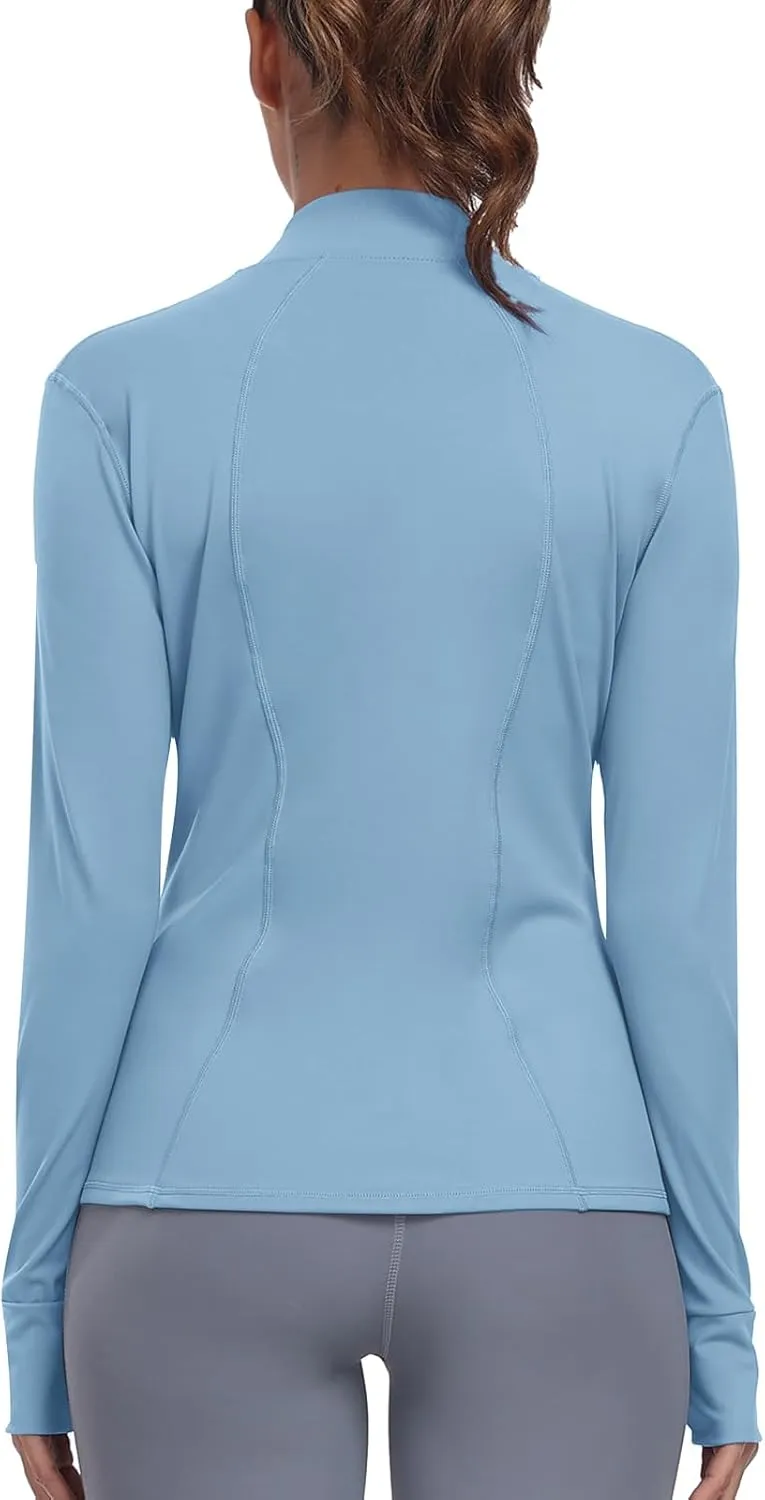 Women's Athletic Full Zip Lightweight Workout Jacket With Pockets Running Yoga Sportwear With Thumb Holes