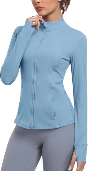 Women's Athletic Full Zip Lightweight Workout Jacket With Pockets Running Yoga Sportwear With Thumb Holes