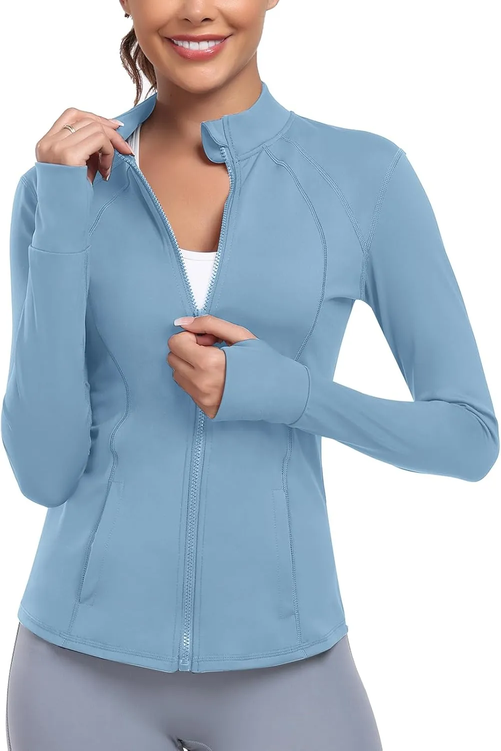 Women's Athletic Full Zip Lightweight Workout Jacket With Pockets Running Yoga Sportwear With Thumb Holes