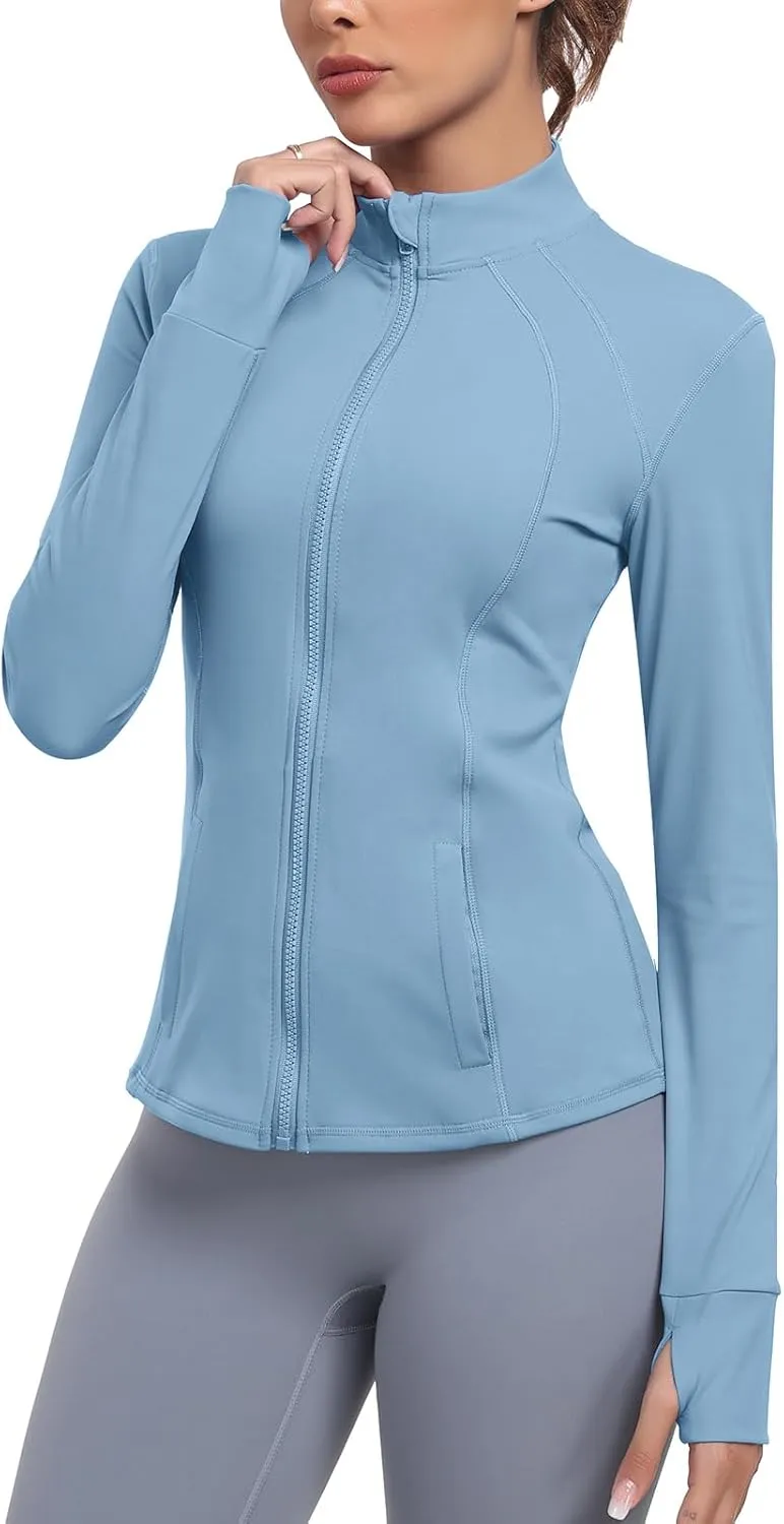 Women's Athletic Full Zip Lightweight Workout Jacket With Pockets Running Yoga Sportwear With Thumb Holes