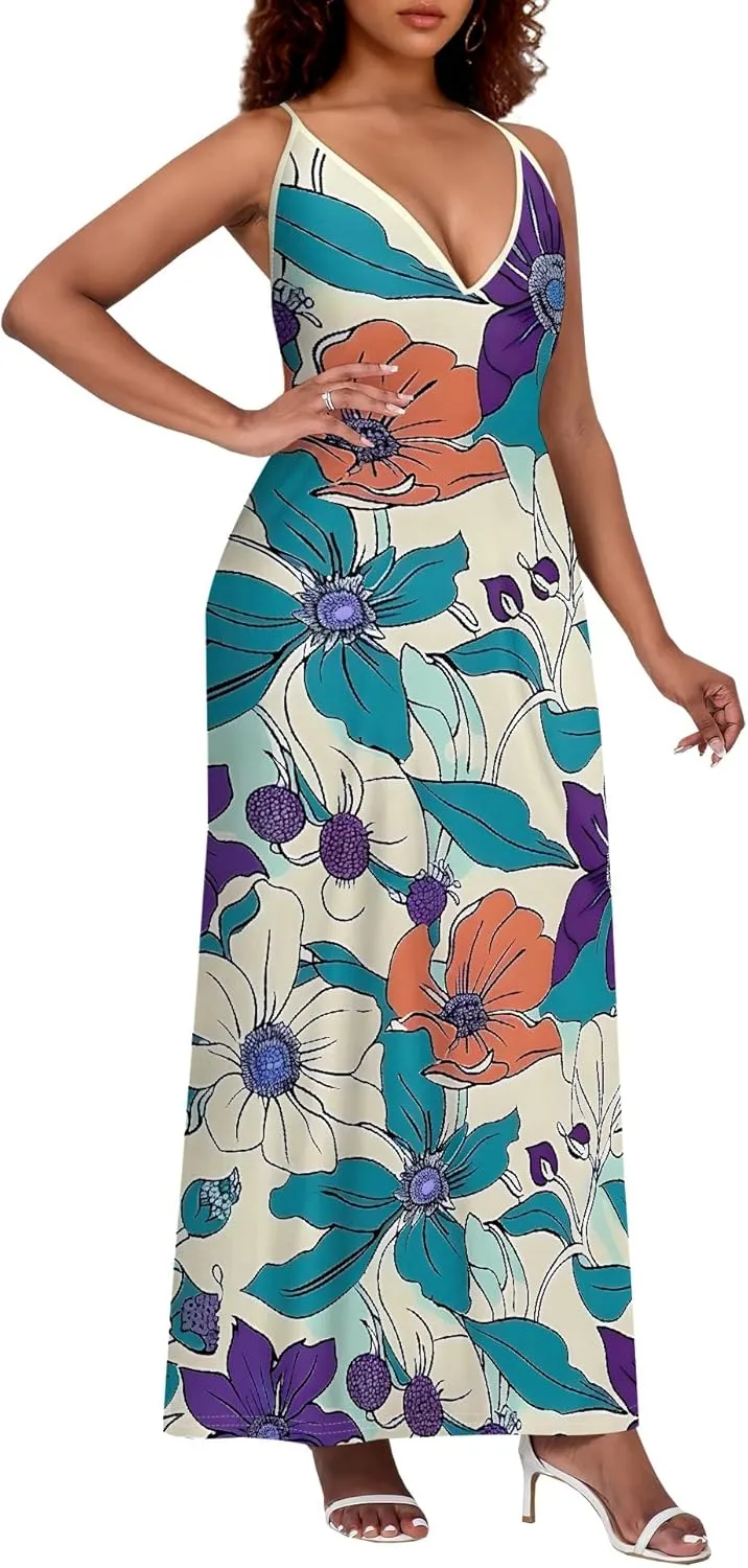 Women's Boho Ankle-Length Spaghetti Strap Sexy V-Neck Maxi Dress Summer Beach Vacation Cocktail Party Dress XS-3XL