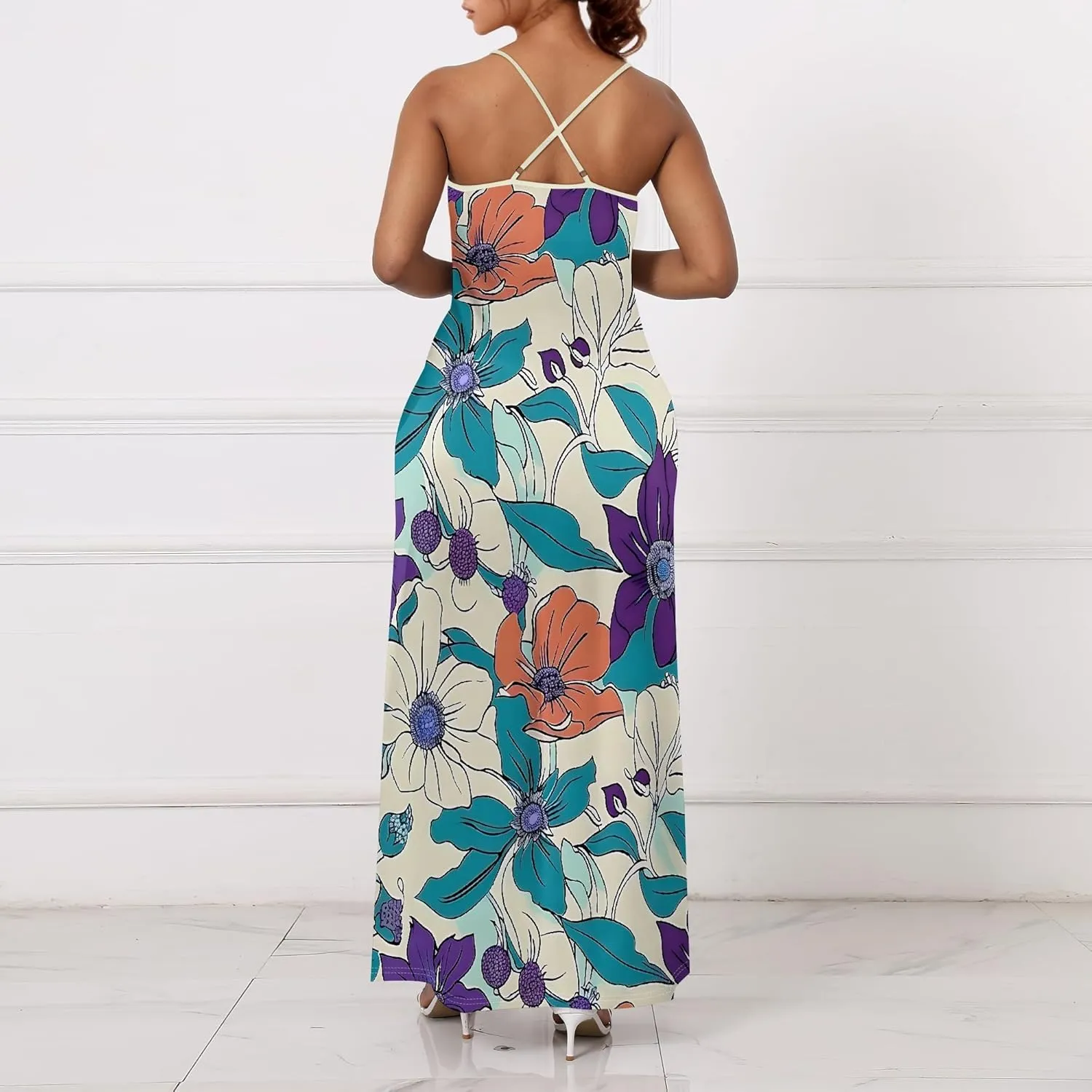 Women's Boho Ankle-Length Spaghetti Strap Sexy V-Neck Maxi Dress Summer Beach Vacation Cocktail Party Dress XS-3XL