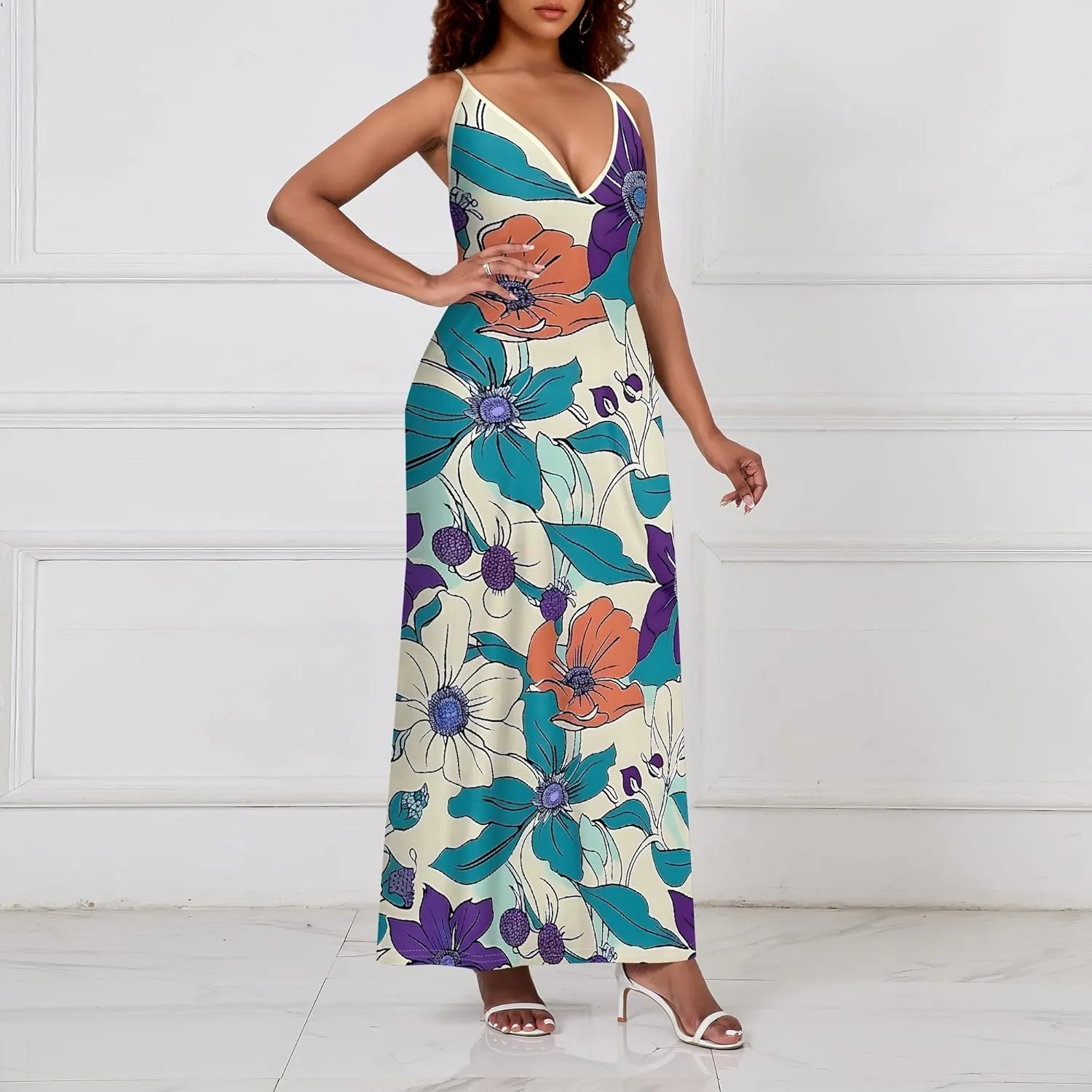 Women's Boho Ankle-Length Spaghetti Strap Sexy V-Neck Maxi Dress Summer Beach Vacation Cocktail Party Dress XS-3XL