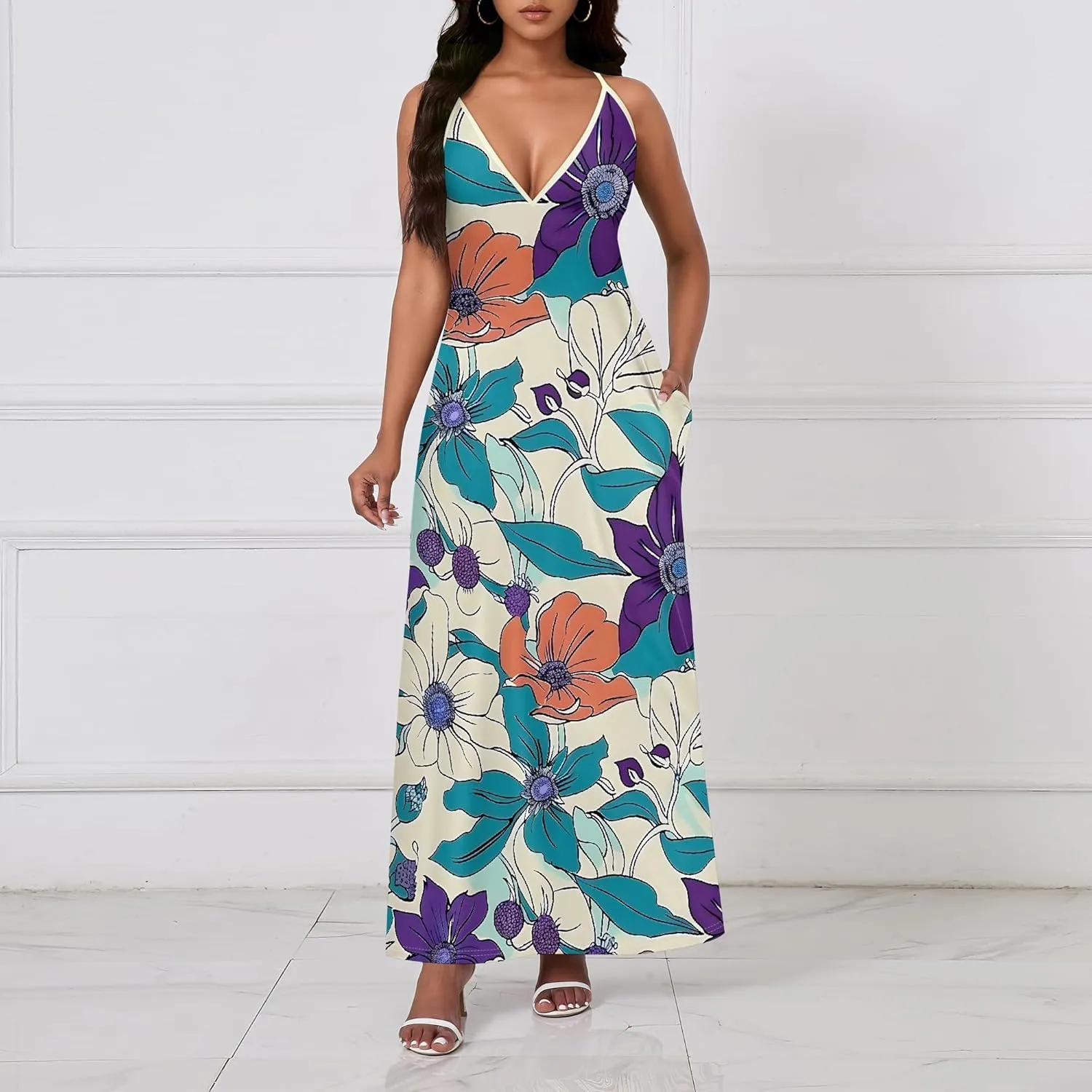 Women's Boho Ankle-Length Spaghetti Strap Sexy V-Neck Maxi Dress Summer Beach Vacation Cocktail Party Dress XS-3XL
