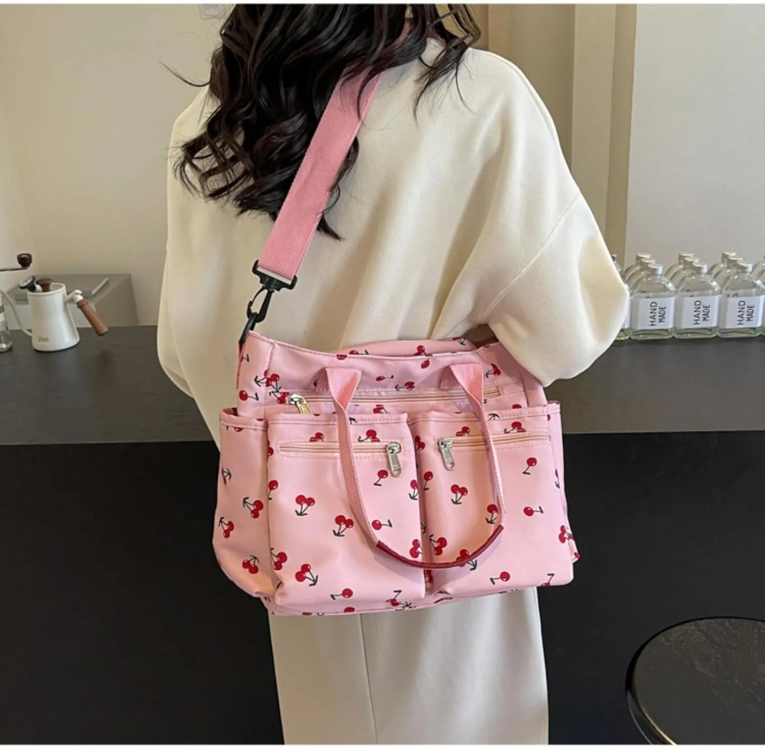 Women's Cherry Print Tote Bag Large Capacity Nylon Crossbody Shoulder Bag with Multiple Pockets for Work, Travel & Daily Use