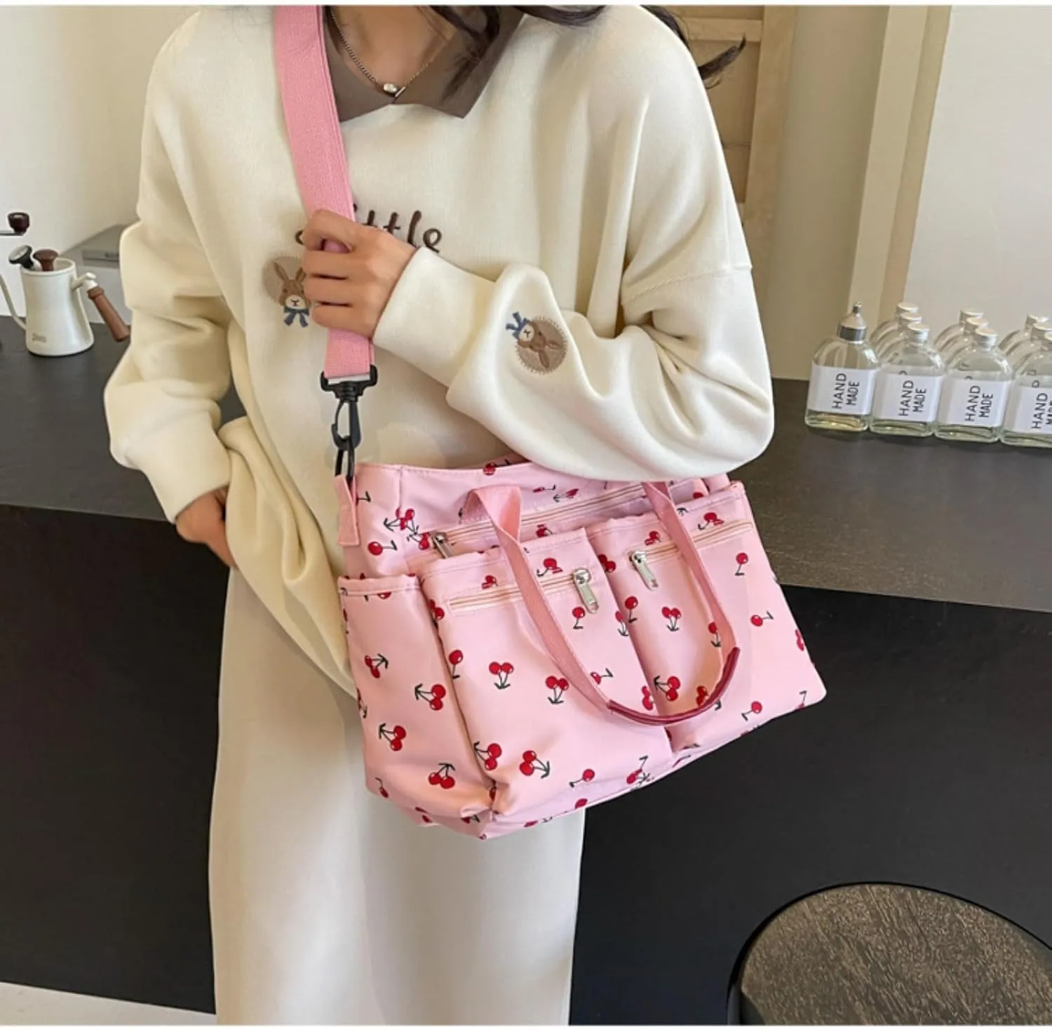 Women's Cherry Print Tote Bag Large Capacity Nylon Crossbody Shoulder Bag with Multiple Pockets for Work, Travel & Daily Use