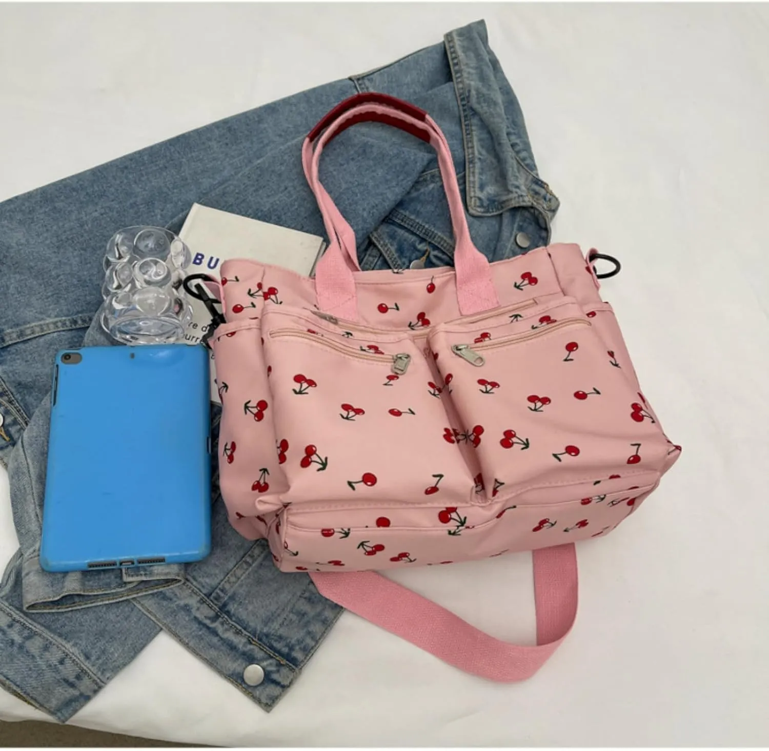 Women's Cherry Print Tote Bag Large Capacity Nylon Crossbody Shoulder Bag with Multiple Pockets for Work, Travel & Daily Use