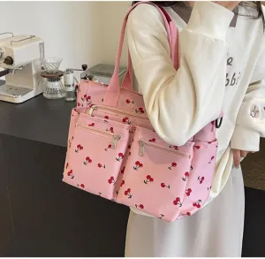 Women's Cherry Print Tote Bag Large Capacity Nylon Crossbody Shoulder Bag with Multiple Pockets for Work, Travel & Daily Use