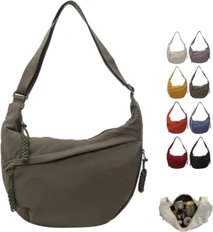 Women's Fashion Plain Color Nylon Crossbody Bag, Slouchy Sling Bag, Nylon Crescent Bag, Multi-Pocket Sling Bag